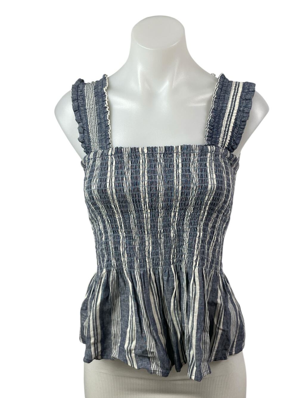 Anthropologie Maeve Women's Blue Striped Ruffle Sleeveless Peplum Blouse Top S